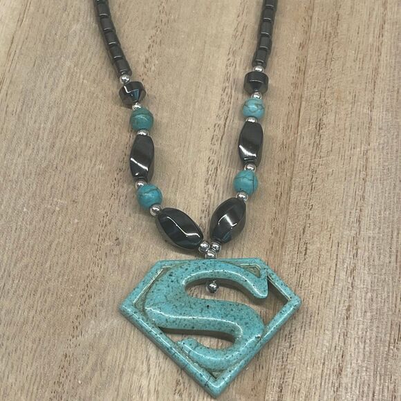 S Shaped Unisex Superman Superhero Turquoise Hematite Stone Necklace - Picture 1 of 7